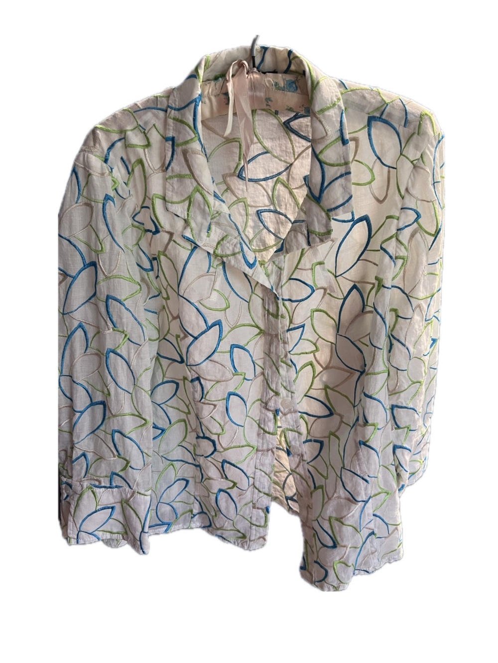 Carlisle Cream Blouse with Blue & Green Embroidered Swirls